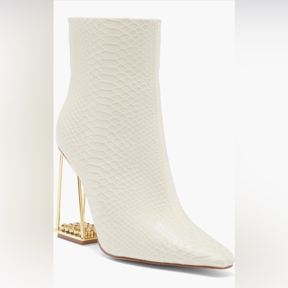ASHLEY KAHEN White Textured Metallic Block Heel Pointed Toe Snake Ankle Bootie